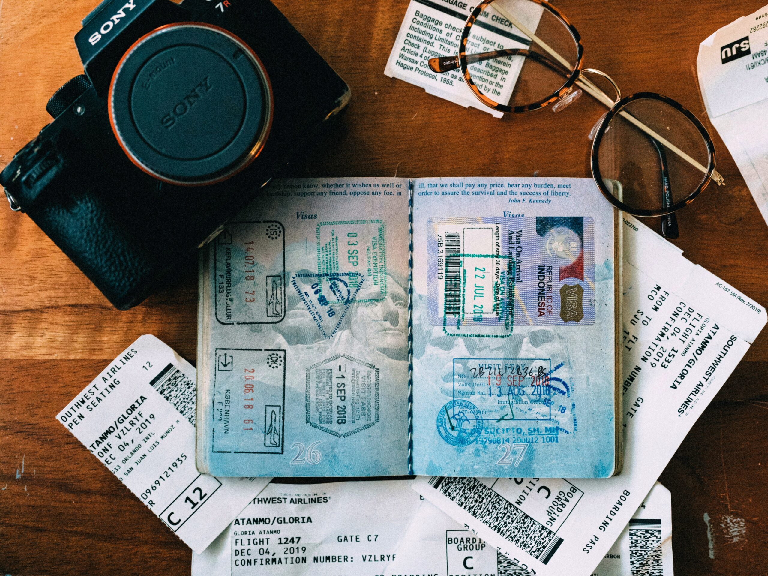 Documents and passport for a fake ticket for visa